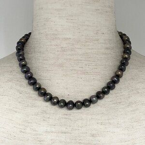 Sterling Silver 925 9MM Dark Peacock Pearl Necklace Rose Box Style Clasp 16"
